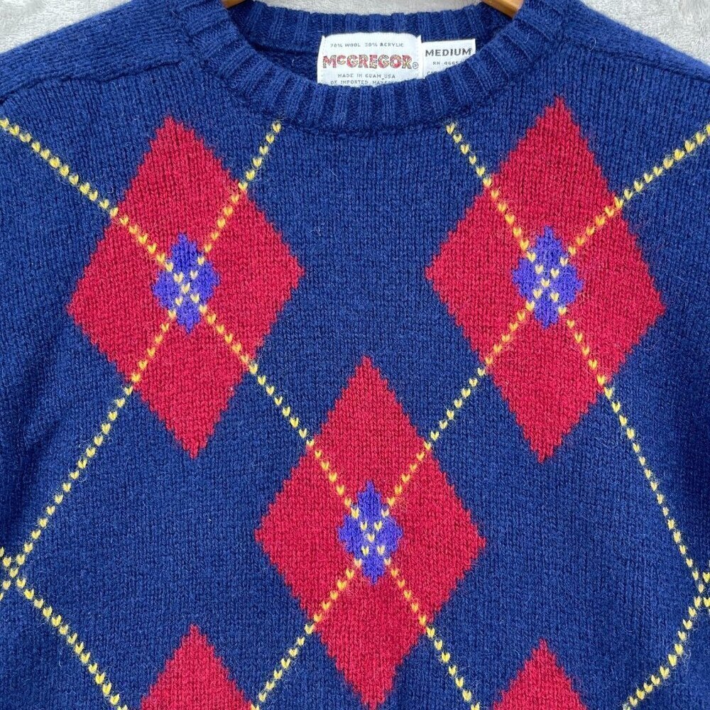 McGregor Vintage Pullover Wool Blend Argyle Blue Red Sweater USA Made - Picture 3 of 8